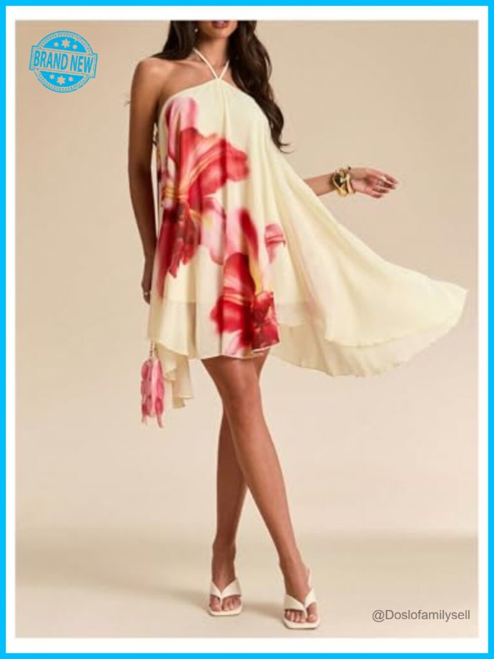 Flowy Floral Halter Mini Dress Ruffle Backless Summer Rave Concert - Picture 4 of 4